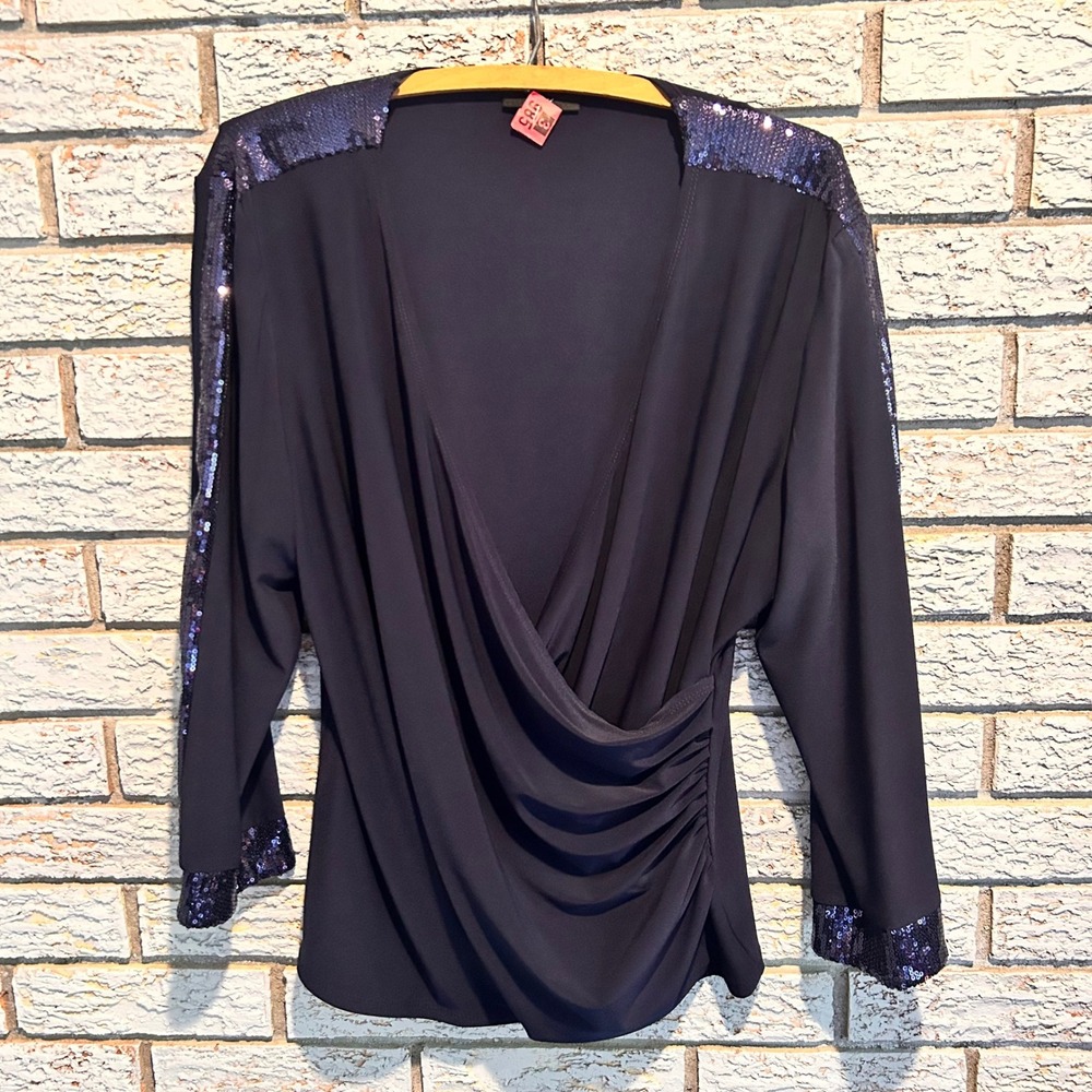 MSK Womens Navy Blue Sequin Trim Surplice V-Neck Ruched Blouse XL 3/4 Sleeve